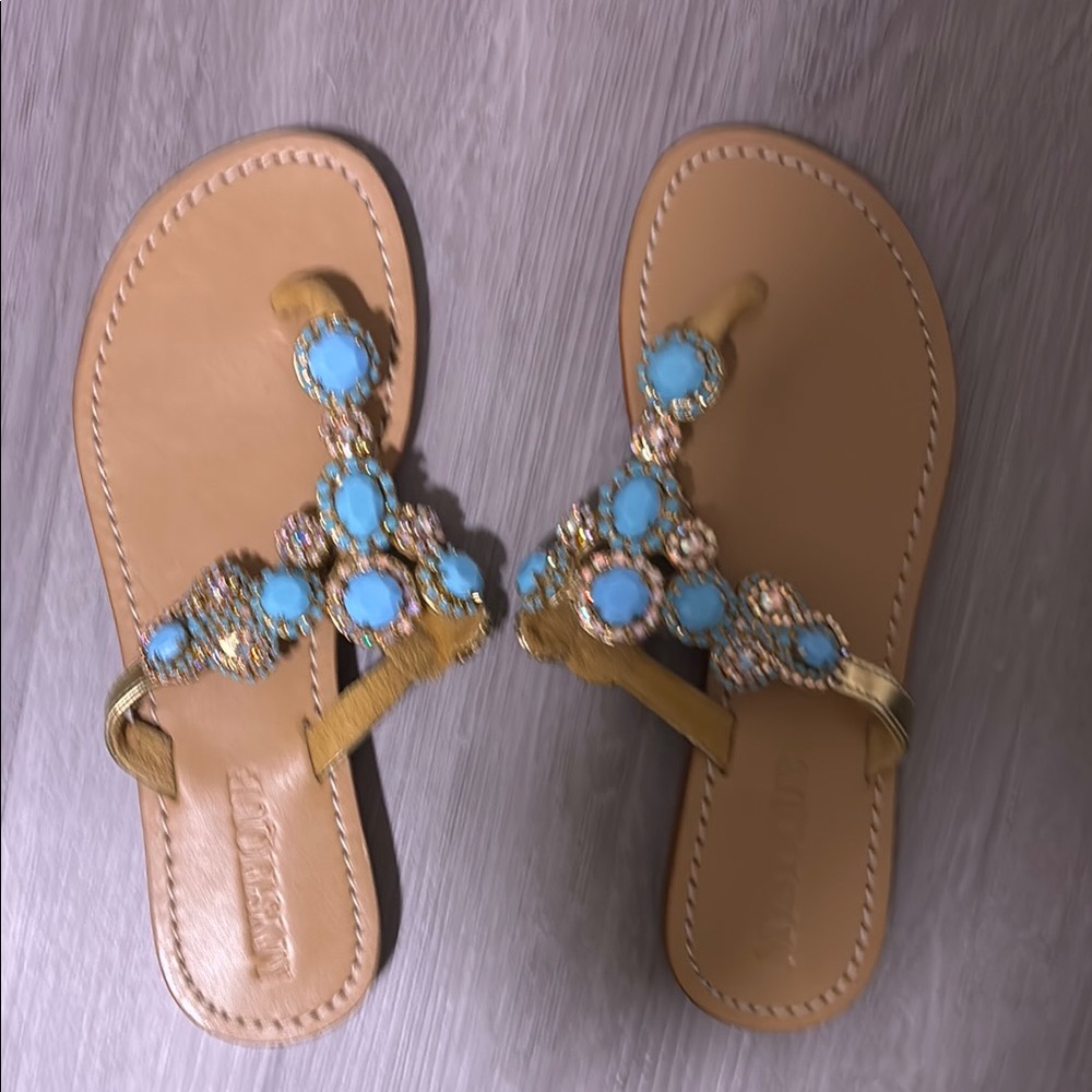 Mystique Boutique…Turquoise & Multi Color Gems W/ Gold Thong  Flat Sandals